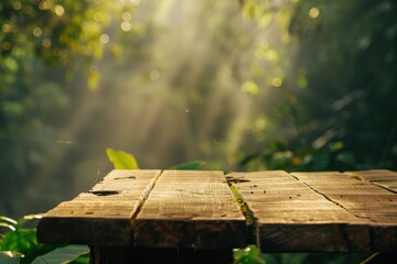 Rustic wooden table edge with forest background with bokeh effect