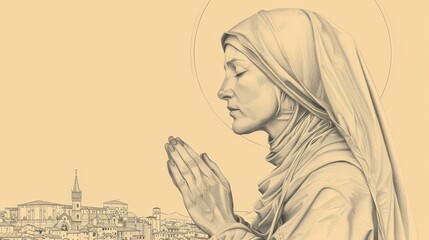 Naklejka premium St. Catherine of Siena in Deep Prayer with City of Siena Background, Biblical Illustration, Beige Background, Copyspace