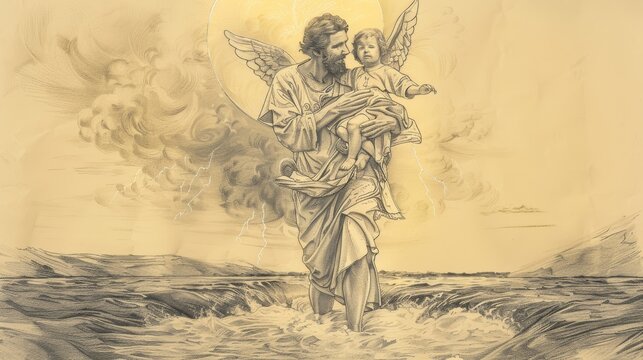 St. Christopher Carrying Christ Child Across River, Biblical Illustration, Beige Background, Copyspace