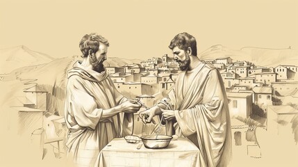 St. Cosmas and Damian Practicing Medicine in 3rd-Century Roman Village, Biblical Illustration, Beige Background, Copyspace