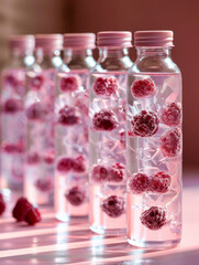 Five bottles of clear water infused with raspberries and ice cubes.