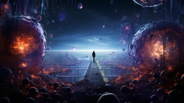 The fantastic landscape with a lonely figure standing on the bridge between two giant planets.