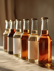 A selection of beer bottles in various colors in soft lighting.