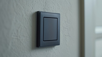 A close-up of a dark modern light switch on a textured wall.