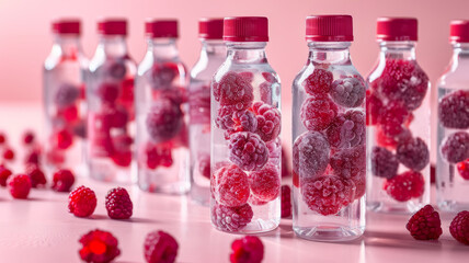 Frozen raspberries in clear bottles filled with water. - Powered by Adobe