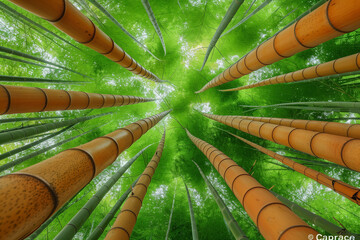 A forest of green bamboo trees with the sun shining through the leaves. The trees are tall and the sky is blue