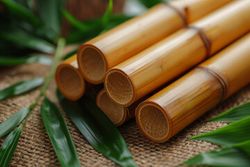 A bunch of bamboo shoots with water droplets on them. Concept of freshness and natural beauty - Powered by Adobe