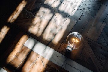 A light bulb is sitting on a wooden floor, casting a shadow on the ground. The light bulb is glowing, creating a warm and inviting atmosphere