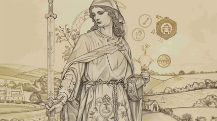 St. Dymphna Holding Sword and Lamp in Irish Countryside, Biblical Illustration, Beige Background, Copyspace