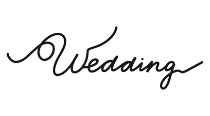 Wedding, black hand drawn one continuous line word. Holiday, happy event. Single outline. Vector illustration