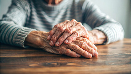 Fototapeta premium Close-up of senior hands on table, perhaps symbolizing caring