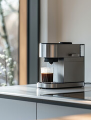 A coffee maker on a kitchen counter with a glass of espresso.
