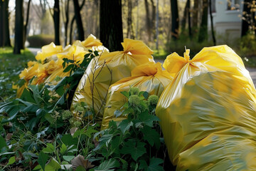 A row of yellow plastic bags are piled on the ground. The bags are likely used for trash or recycling. The scene has a somewhat messy and disorganized appearance
