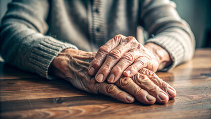 Fototapeta premium Close-up of senior hands on table, perhaps symbolizing caring