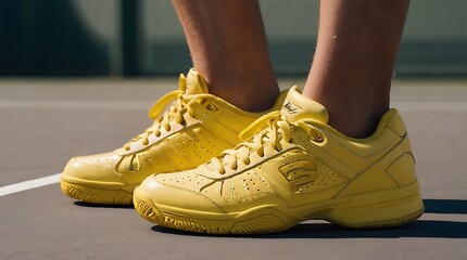 Naklejka premium pair of bright yellow tennis shoes with white soles and black laces, on a tennis court