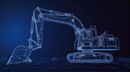Bold wireframe silhouette of an excavator truck, highlighting its form and function (close up) theme, construction innovation futuristic Manipulation construction blueprint