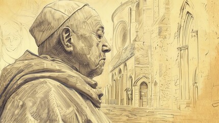 St. Bruno of Cologne in Reflection in 11th-Century French Monastery, Biblical Illustration, Beige Background, Copyspace