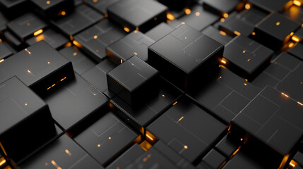 Onyx black squares intertwine with futuristic tech, conveying sophistication and modernity,