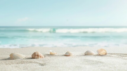 Obraz premium Showcase the serenity of beachfront escapes with a photo featuring an empty sand beach dotted with shells, set against the tranquil waters of a summer sea.