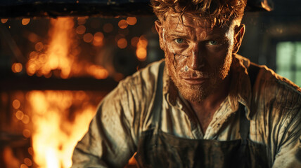 Mid-aged man working as a blacksmith in a fiery workshop.