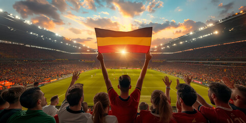 Crowd of soccer fans in stadium cheering and waving a German flag at sunset during an exciting match.