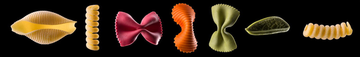 Set of different type of pasta isolated on black background