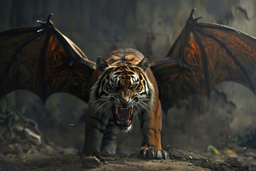 A tiger with wings is shown in a dark setting. The tiger is angry and ready to attack