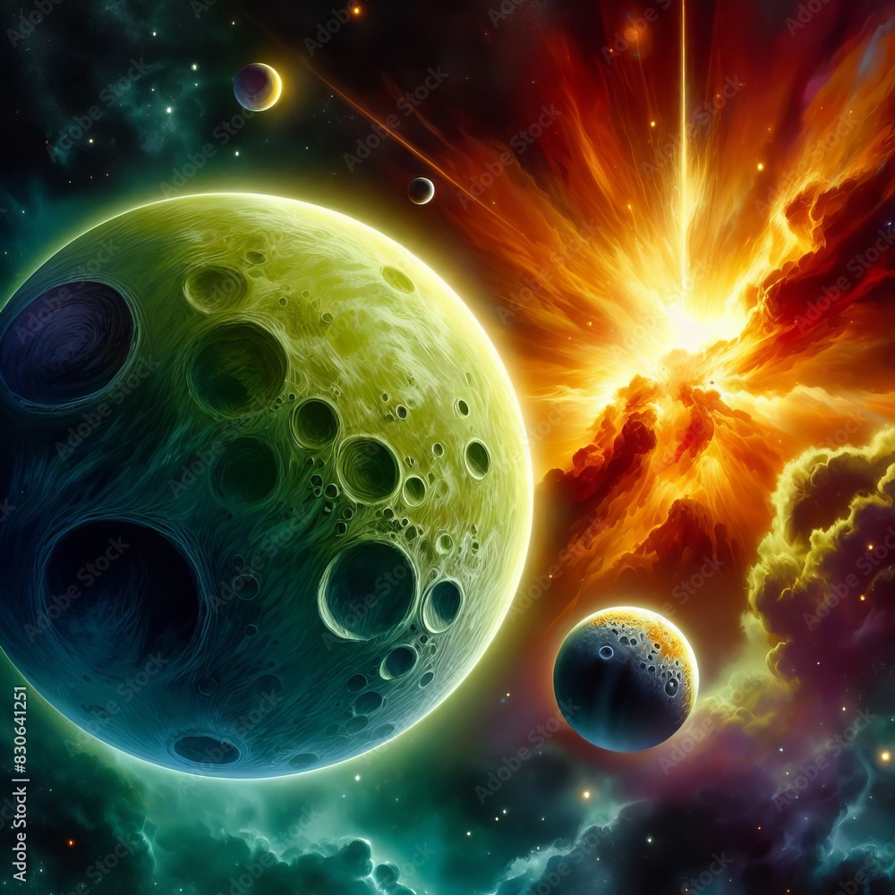 Poster a dramatic cosmic illustration featuring an exploding star with vibrant colors against a dark space 