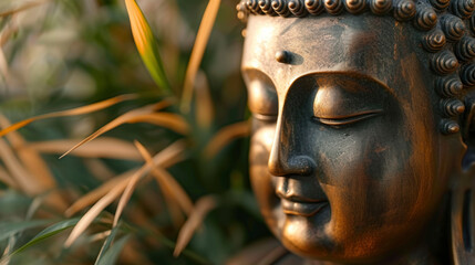 Fototapeta premium Close up of dull bronze buddha head statue among the leaves
