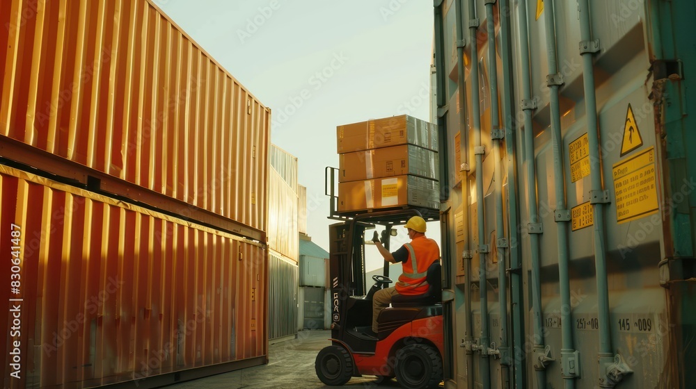 Poster an urban portrait of a forklift operator guiding a container box onto a truck with precision and ski