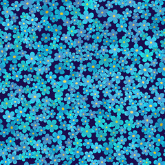 Many small bright blue flowers on dark blue background. Seamless pattern with flowers. Forget-me-not flower. Design in rustic style for girls. Illustration for paper, textile, cards.