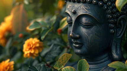 Obraz premium Dull bronze Buddha head statue among flowers and leaves
