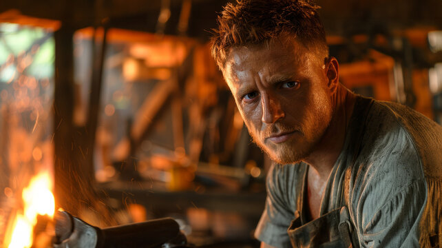 A young male blacksmith working in a forge.
