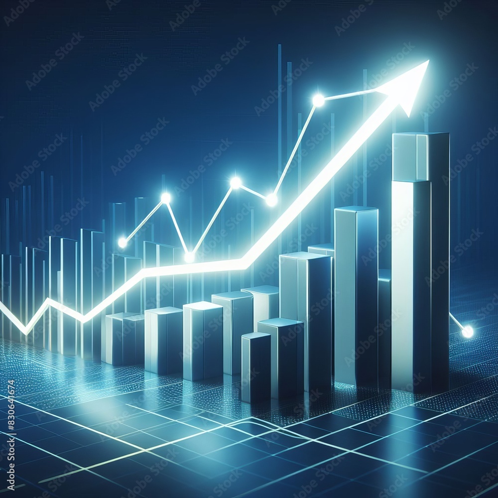 Poster three-dimensional financial growth chart with a rising arrow on a digital grid, representing economi