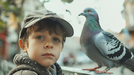 The boy feeds the pigeons in the square on a neutrally background ai generative