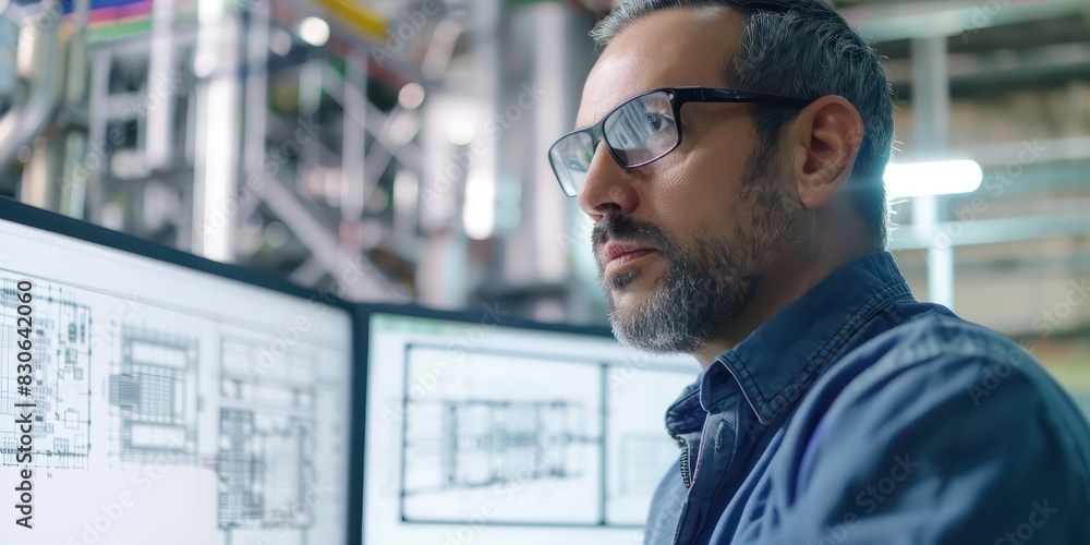 Poster close-up of a focused latin engineer man explaining the intricacies of architectural design, with bl