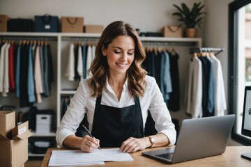 Close Portrait of  businesswoman preparing a shipping order in her boutique clothing store