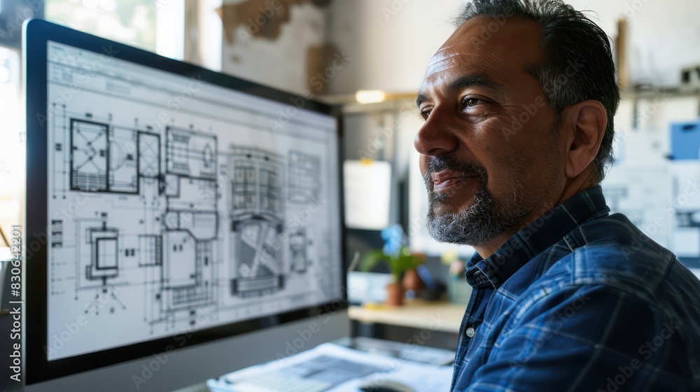 Poster close-up of a latin engineer man passionately discussing his ideas for community-centered design, wi