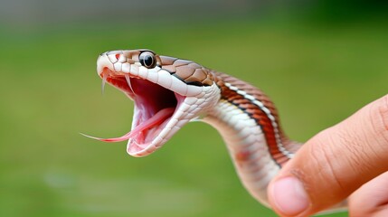 snake in the hands of a man. A snake attacks a man. The snake hisses and bites. Dangerous snakes
