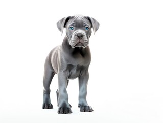 a grey puppy with blue eyes