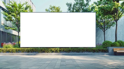 Blank outdoor billboard with a white screen situated in a landscaped urban area with trees and benches.