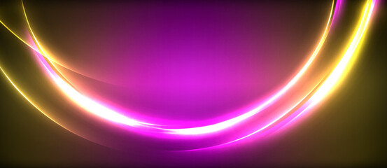 Neon glowing circle rays, light round lines in the dark, planet style neon wave lines. Energetic electric concept design for wallpaper, banner, background