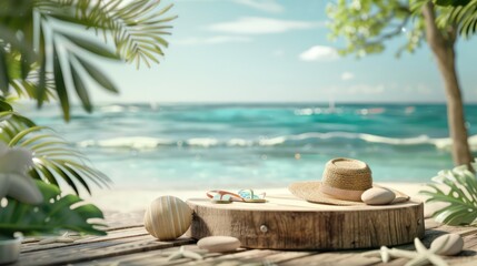 Showcase the versatility of summer essentials with a  photo featuring a wooden podium displaying a range of products such as beach toys, hats, and flip-flops, set against the scenic backdrop.