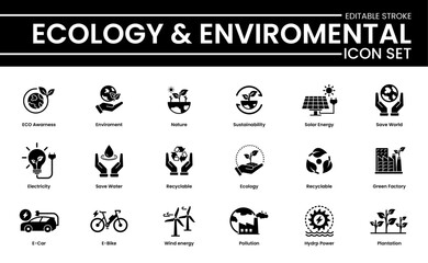 Comprehensive Ecology Icon Set. Environment Protection, Biodiversity, Climate Change, Renewable Resources, Green Energy, Eco-Awareness, Sustainable Practices. Solid Icons Vector Collection. 