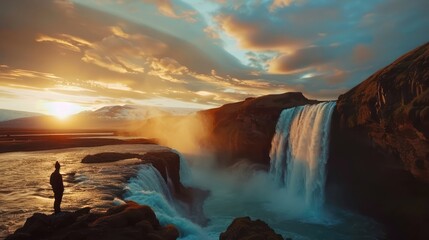 Fototapeta premium Emphasize the sense of wonder and adventure with a photo capturing the dramatic waterfall surrounded by the warm glow of a colorful sunset sky, as a male tourist stands on a cliff.