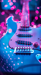 Fototapeta premium Electric Guitar with Vibrant Pink and Blue Neon Lights