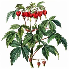 A detailed drawing of a Bleeding Heart plant with red flowers and green leaves