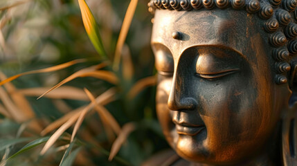 Fototapeta premium Close up of dull bronze buddha head statue among the leaves