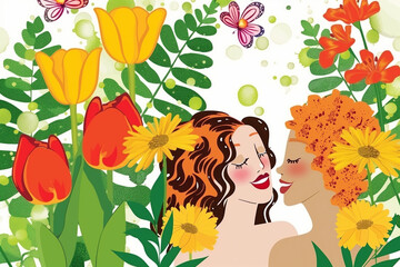 Two women are hugging in a field of flowers. The flowers are in various colors and the butterflies are flying around them. Scene is warm and joyful, representing the beauty of nature