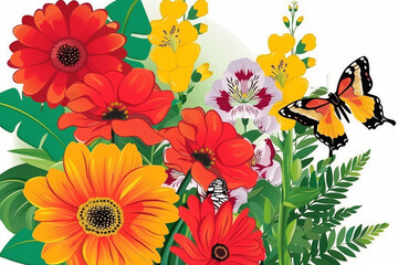 A butterfly is flying over a bouquet of flowers. The flowers are orange and yellow, and there are also some white flowers in the bouquet. The scene is bright and cheerful